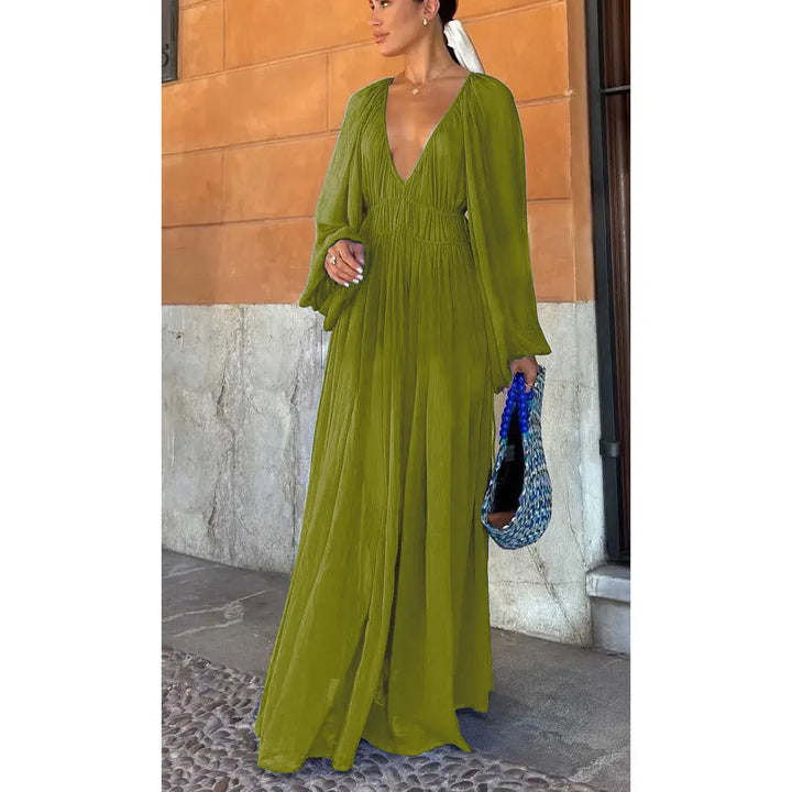 Damen Maxikleid Mit Langen Ärmeln Und Tiefem V-Ausschnitt