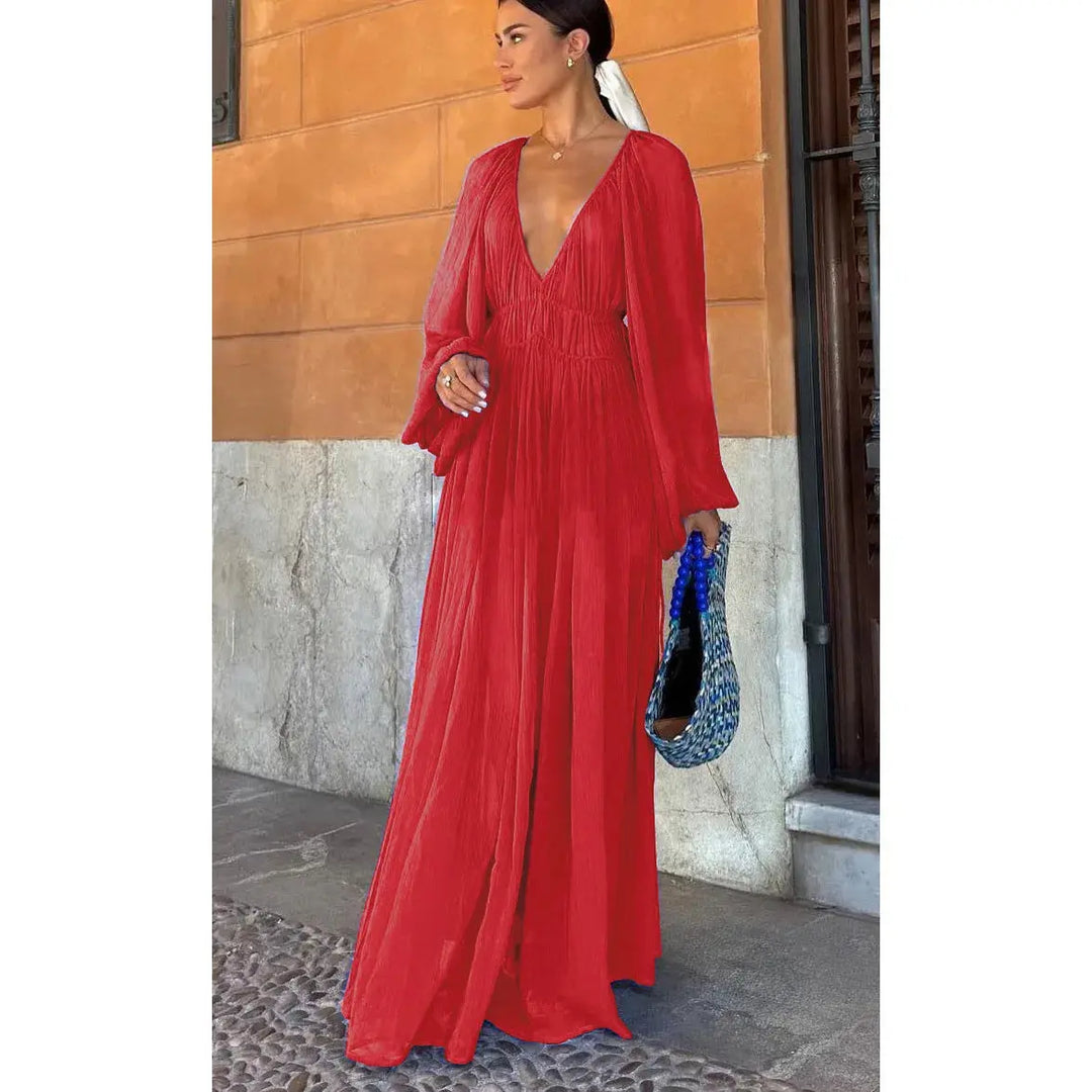 Damen Maxikleid Mit Langen Ärmeln Und Tiefem V-Ausschnitt
