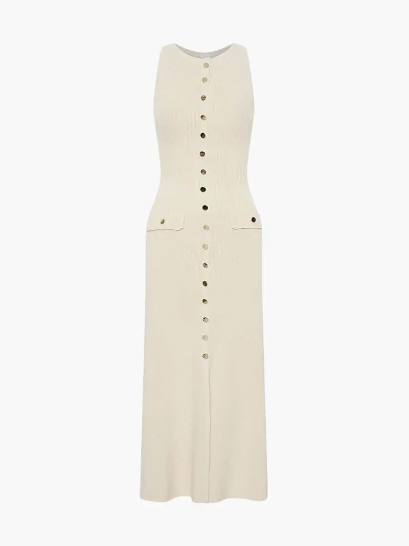 Damen Ärmelloses Langes Kleid Mit Knopfdetail