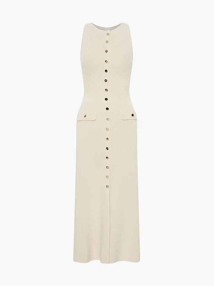 Damen Ärmelloses Langes Kleid Mit Knopfdetail