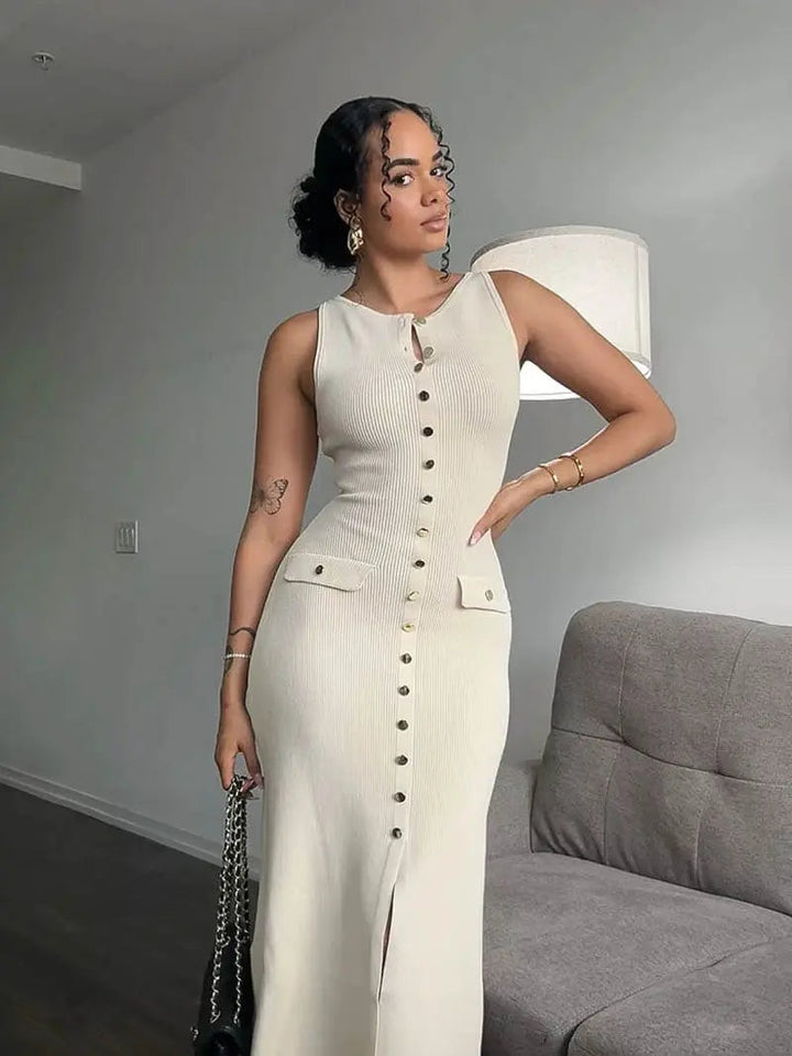 Damen Ärmelloses Langes Kleid Mit Knopfdetail
