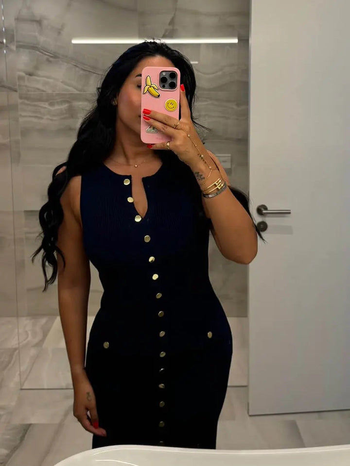 Damen Ärmelloses Langes Kleid Mit Knopfdetail