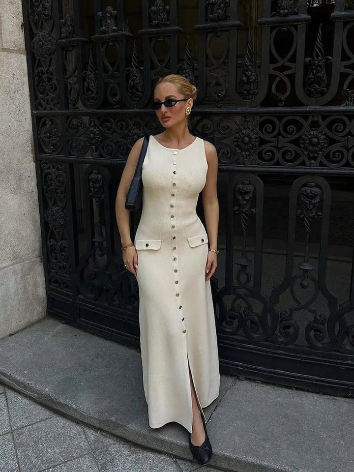 Damen Ärmelloses Langes Kleid Mit Knopfdetail