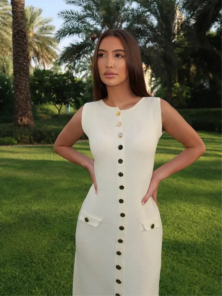 Damen Ärmelloses Langes Kleid Mit Knopfdetail