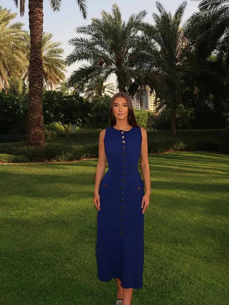 Damen Ärmelloses Langes Kleid Mit Knopfdetail
