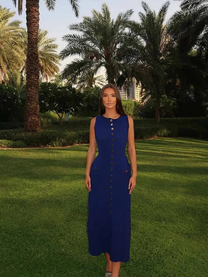 Damen Ärmelloses Langes Kleid Mit Knopfdetail