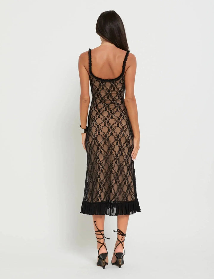 Damen Transparentes Spitzen Midikleid Mit Rüschensaum