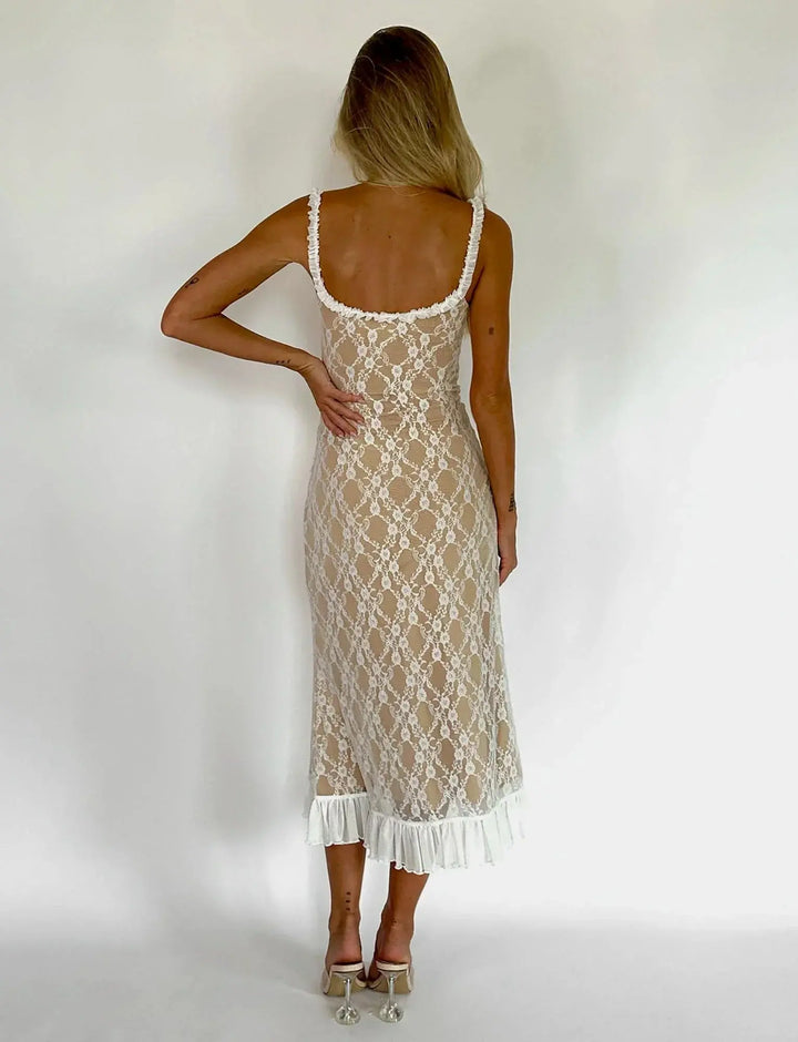 Damen Transparentes Spitzen Midikleid Mit Rüschensaum