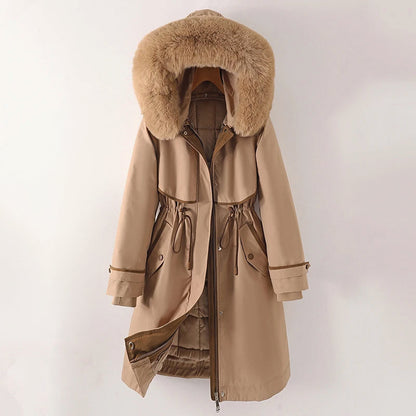 Langer Parka Mantel mit Kapuze und Fell für Winter Damen