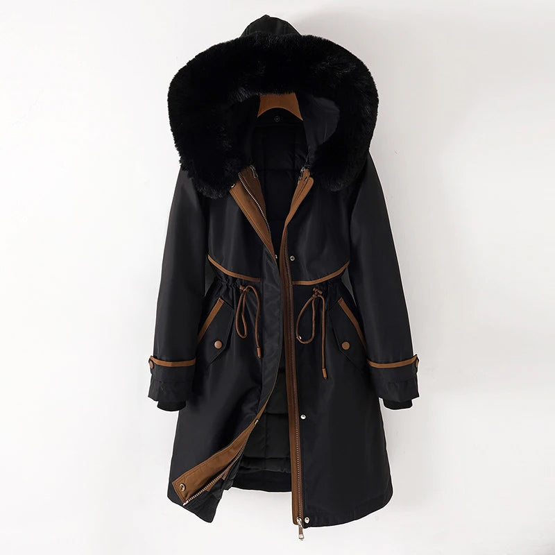 Langer Parka Mantel mit Kapuze und Fell für Winter Damen