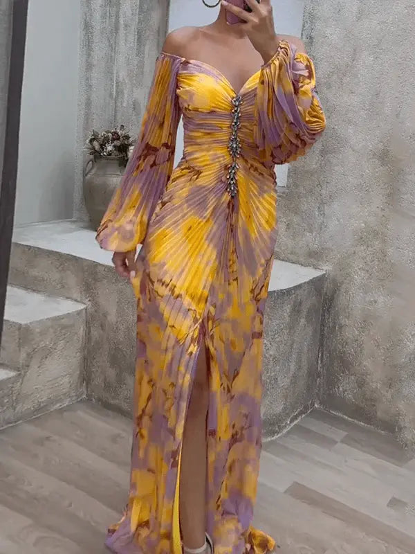 Damen Maxikleid Mit Schulterfreiem Schnitt Und Plissiertem Design