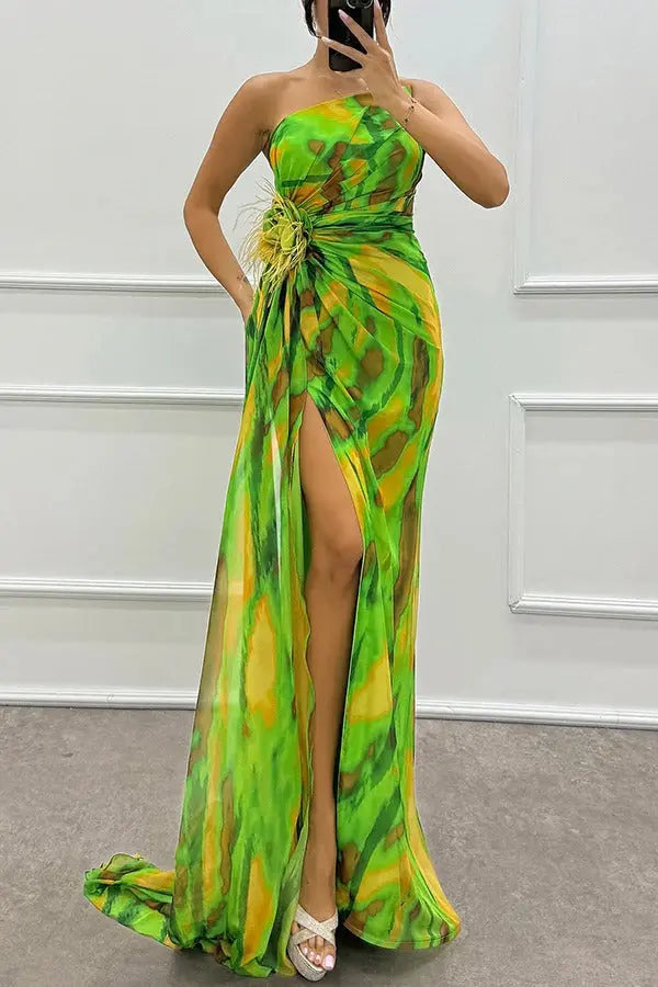 Damen Trägerloses Langes Kleid Mit Print Design