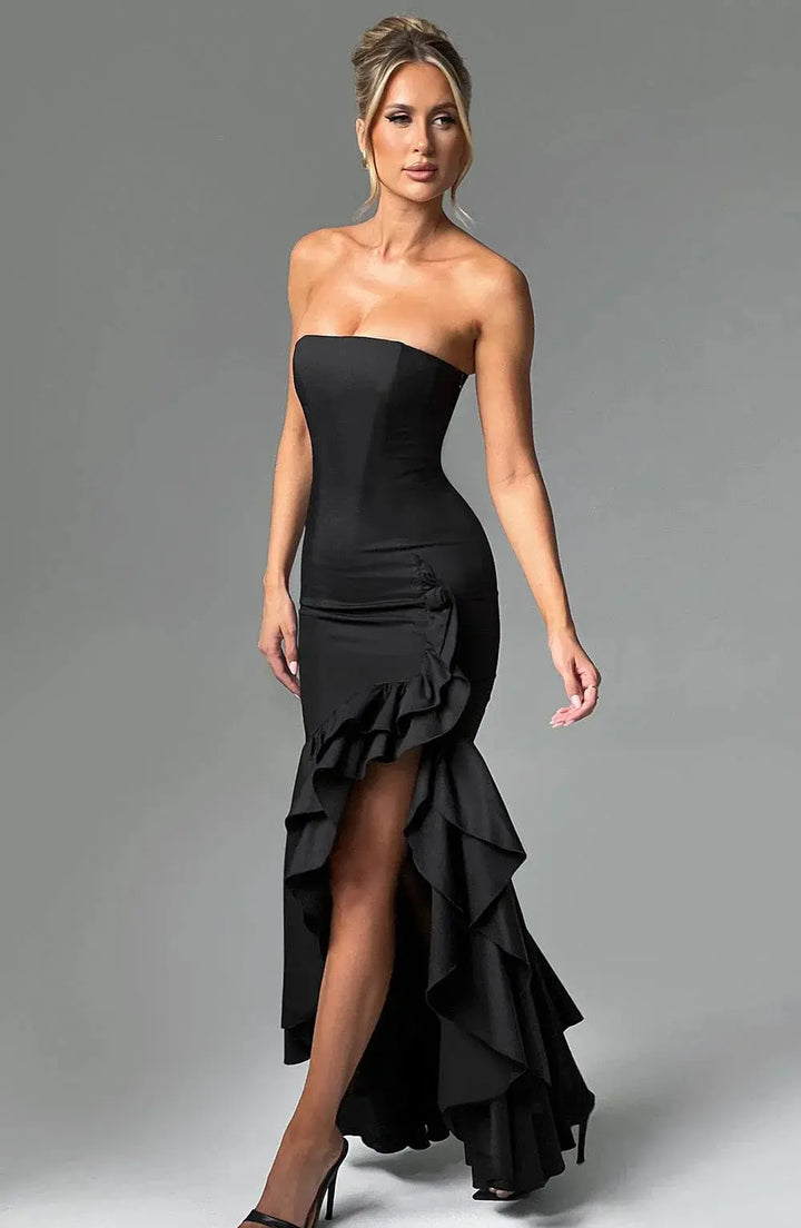 Schulterfreies Figurbetontes Langes Kleid mit Rüschen Saum für Damen