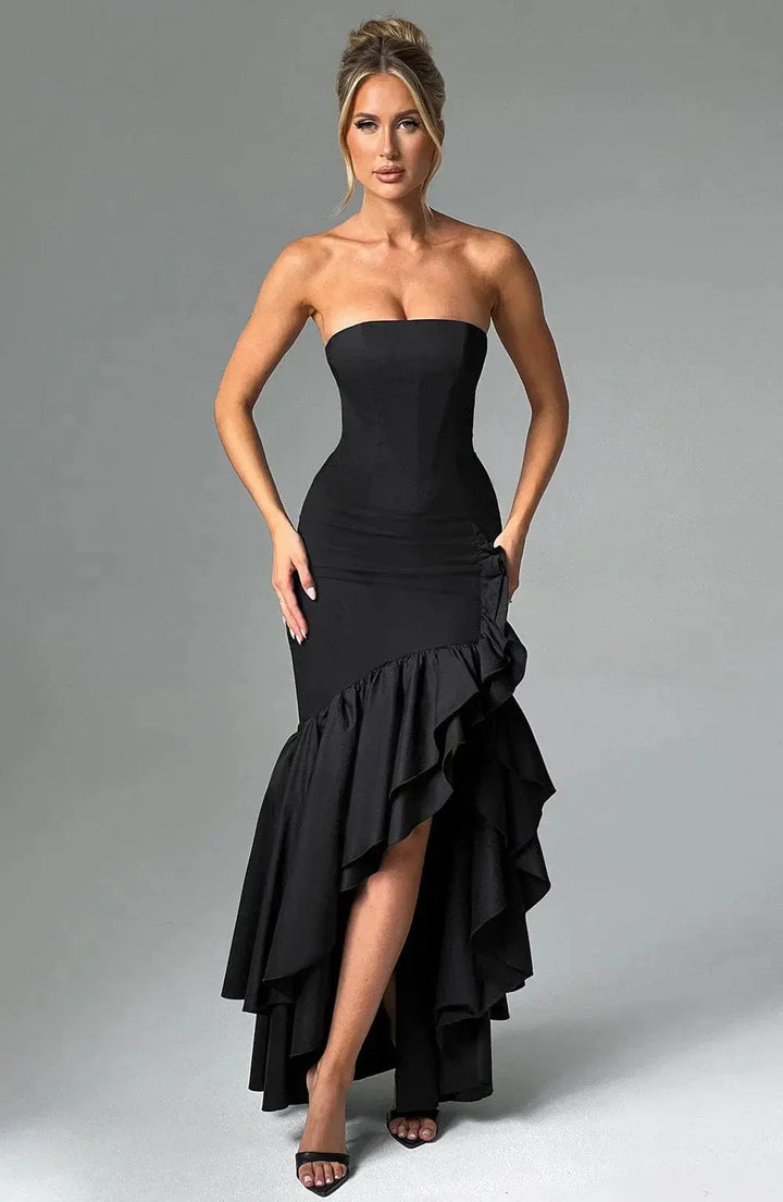 Schulterfreies Figurbetontes Langes Kleid mit Rüschen Saum für Damen