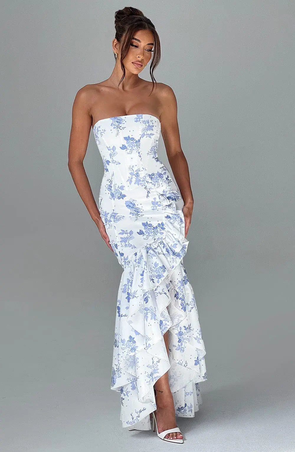 Schulterfreies Figurbetontes Langes Kleid mit Rüschen Saum für Damen