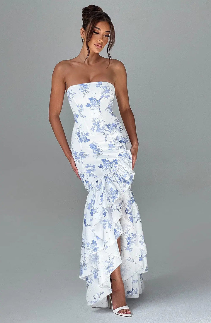 Schulterfreies Figurbetontes Langes Kleid mit Rüschen Saum für Damen