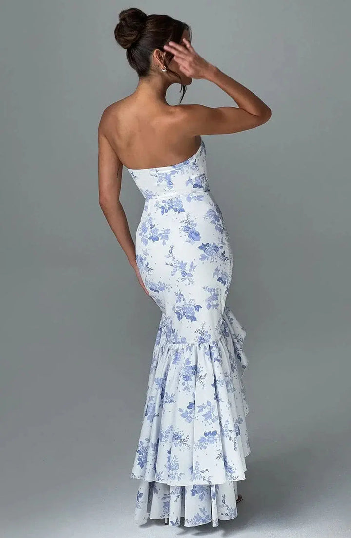 Schulterfreies Figurbetontes Langes Kleid mit Rüschen Saum für Damen