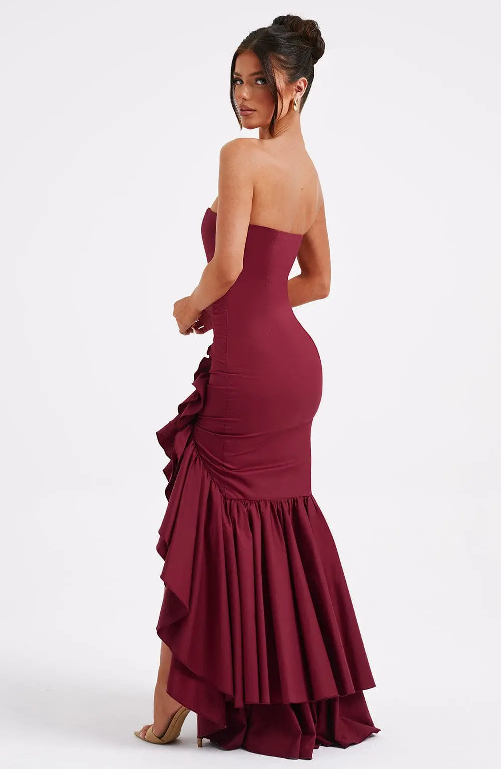 Schulterfreies Figurbetontes Langes Kleid mit Rüschen Saum für Damen
