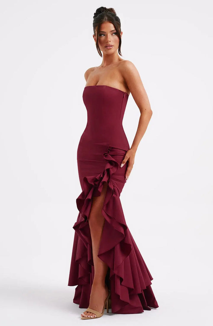 Schulterfreies Figurbetontes Langes Kleid mit Rüschen Saum für Damen