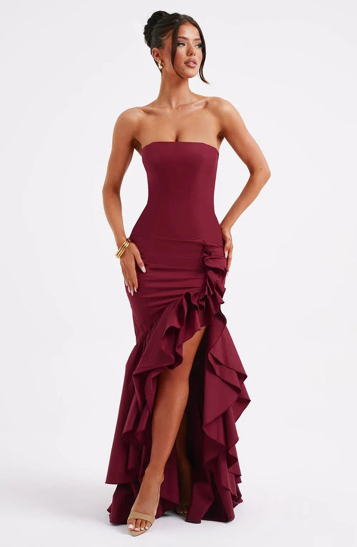 Schulterfreies Figurbetontes Langes Kleid mit Rüschen Saum für Damen