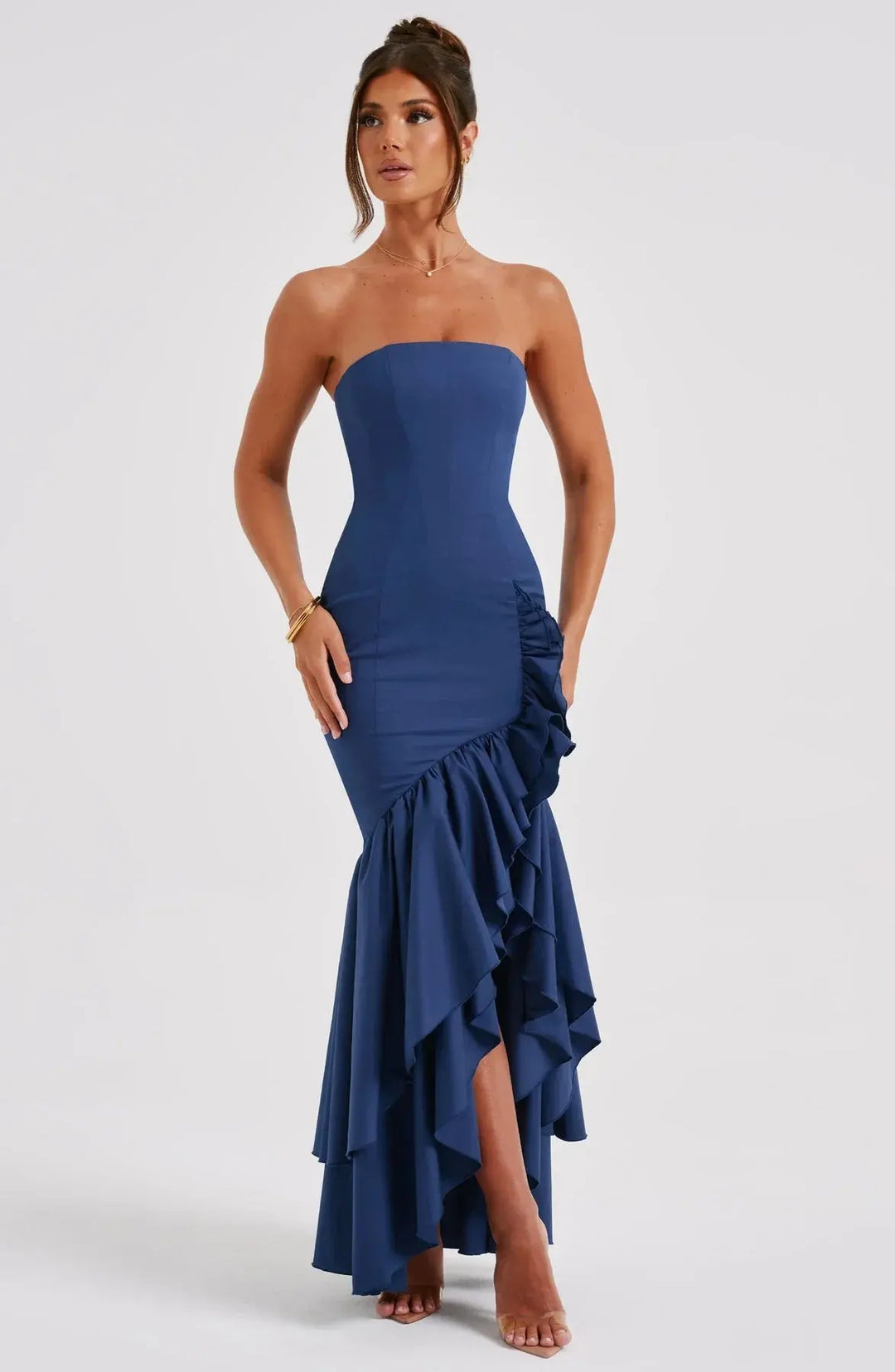 Schulterfreies Figurbetontes Langes Kleid mit Rüschen Saum für Damen