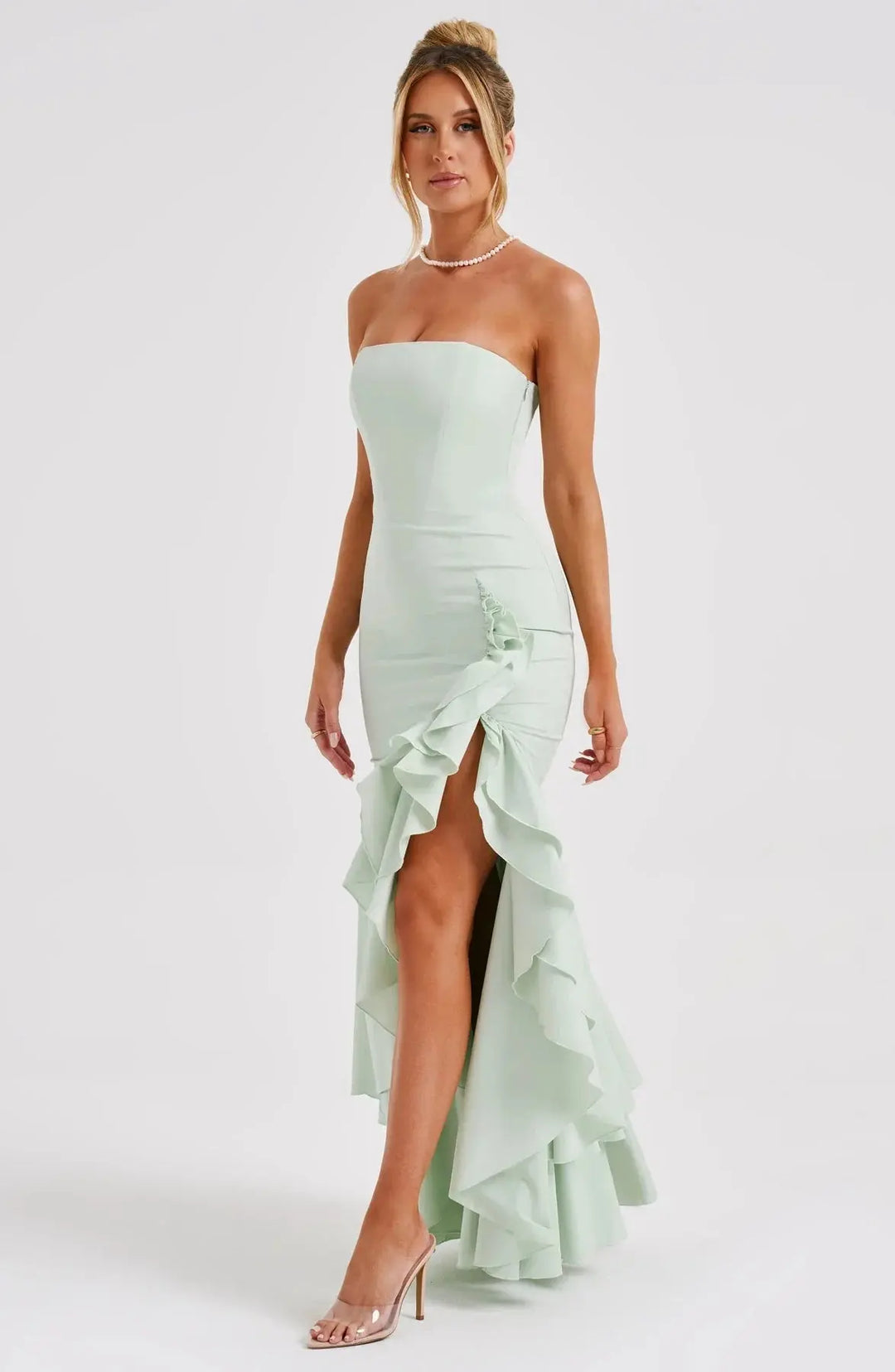 Schulterfreies Figurbetontes Langes Kleid mit Rüschen Saum für Damen