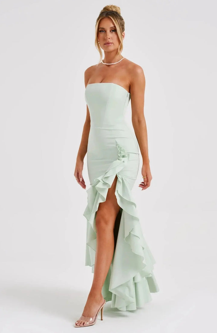 Schulterfreies Figurbetontes Langes Kleid mit Rüschen Saum für Damen