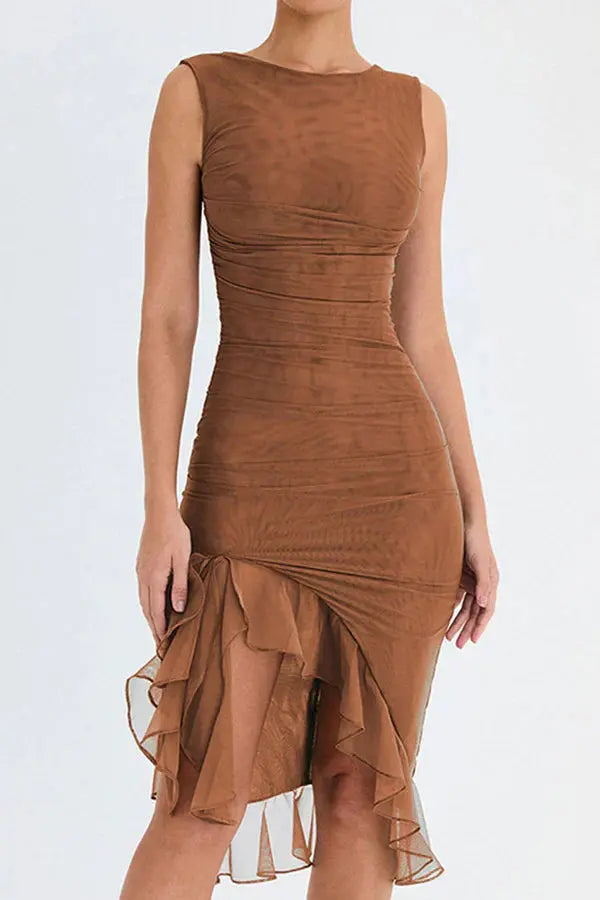 Ein Schulter Midikleid mit Raffung und Rüschen Saum für Damen