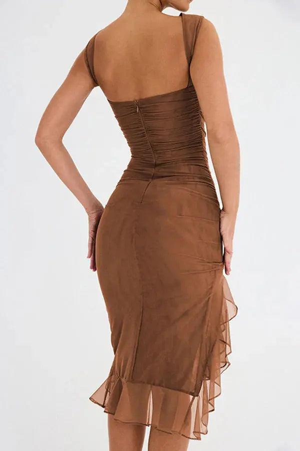 Ein Schulter Midikleid mit Raffung und Rüschen Saum für Damen