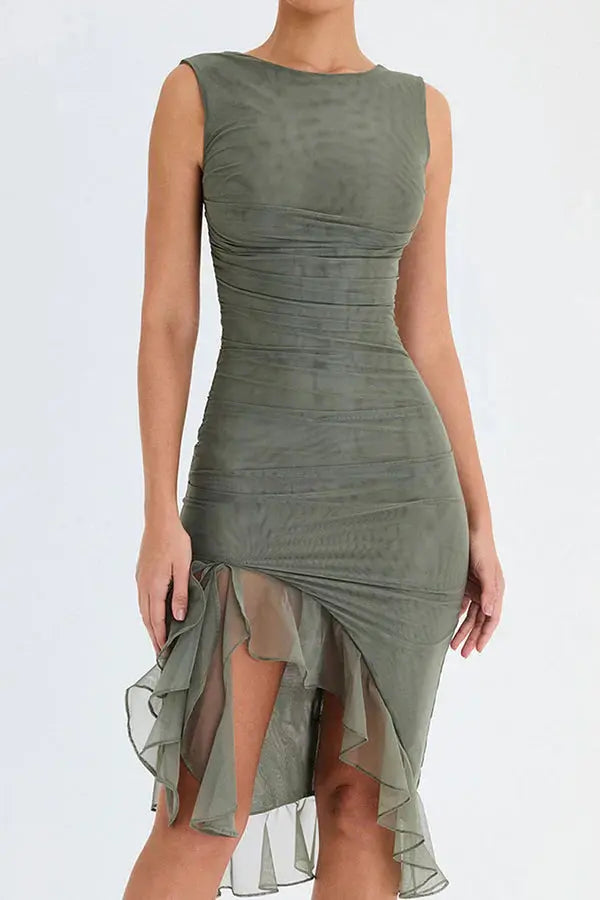 Ein Schulter Midikleid mit Raffung und Rüschen Saum für Damen