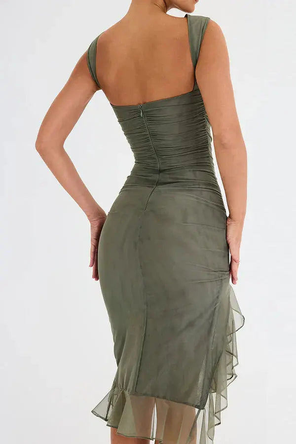 Ein Schulter Midikleid mit Raffung und Rüschen Saum für Damen