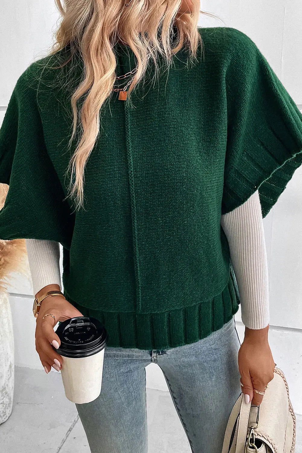 Kurzärmeliger Strickponcho Pullover Perfekt Für Winter Damen