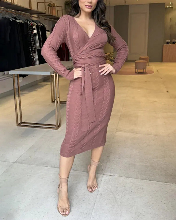 Damen Kleid Mit Langarm Und Strickmuster-Design