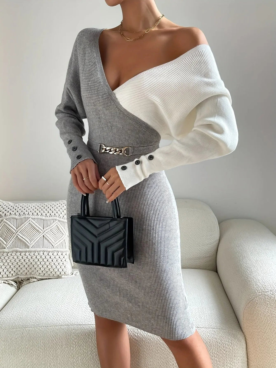 Zweiteiliges Bodycon Kleid Mit Tiefem V Rückendesign