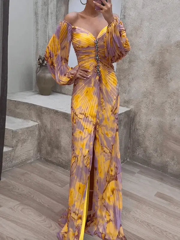 Damen Maxikleid Mit Schulterfreiem Schnitt Und Plissiertem Design