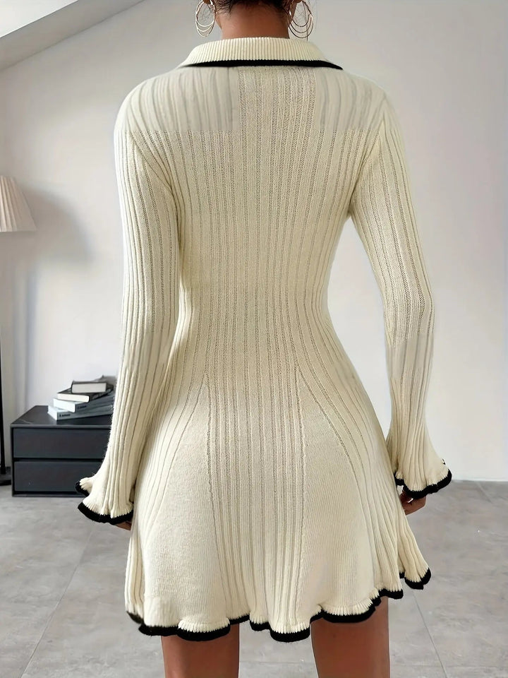 Damen Minikleid mit Kragen, Knöpfen und Taschen Details