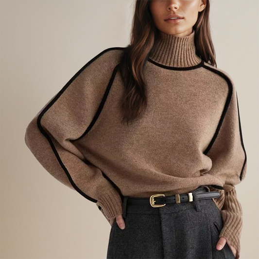 Rollkragen Strickpullover Mit Kontrastdetails Für Damen