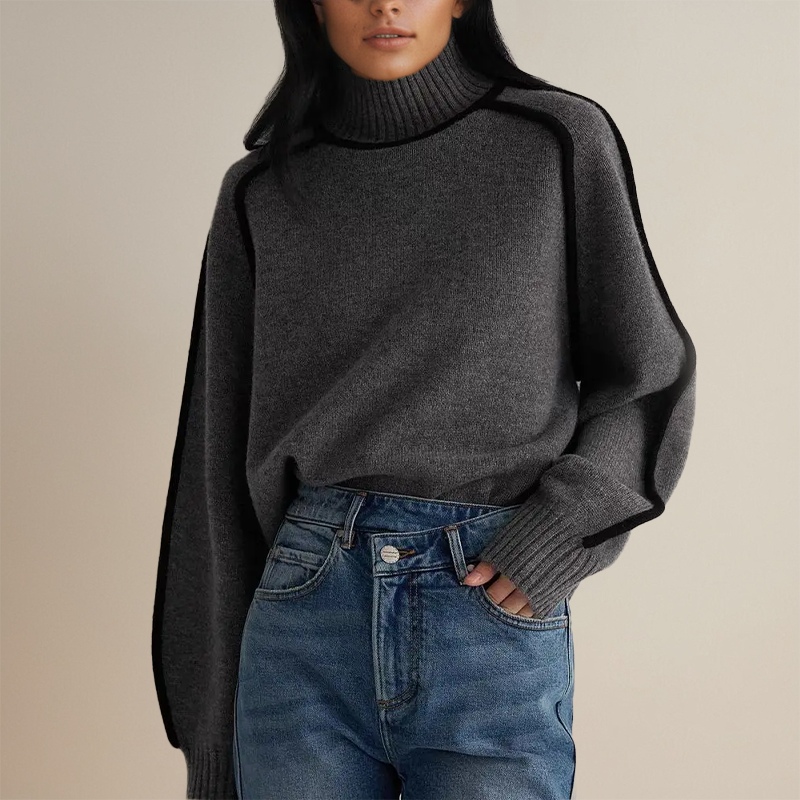Rollkragen Strickpullover Mit Kontrastdetails Für Damen