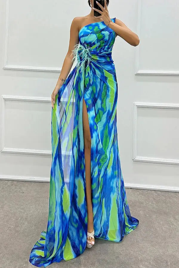 Damen Trägerloses Langes Kleid Mit Print Design