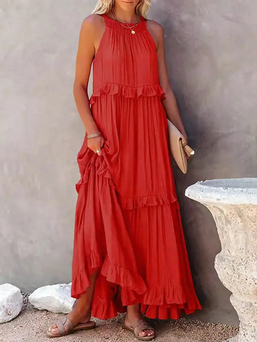 Damen Ärmelloses Maxikleid Mit Rüschen Saum