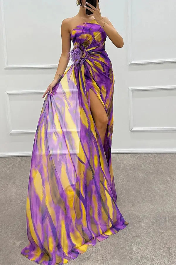 Damen Trägerloses Langes Kleid Mit Print Design