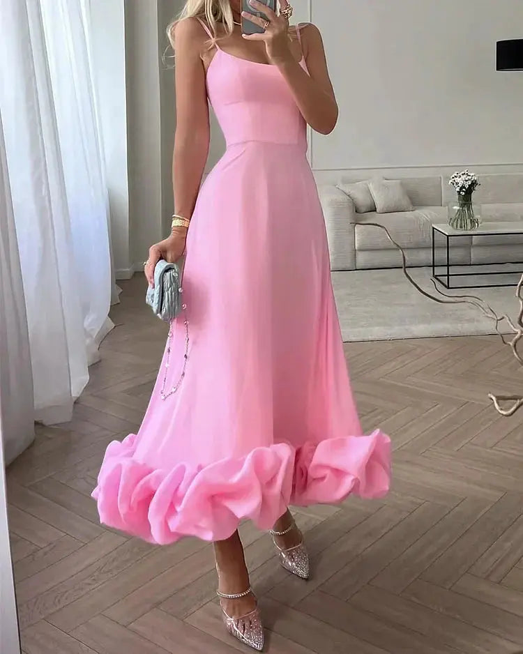 Damen Midikleid mit Verspieltem Rüschen Saum Design