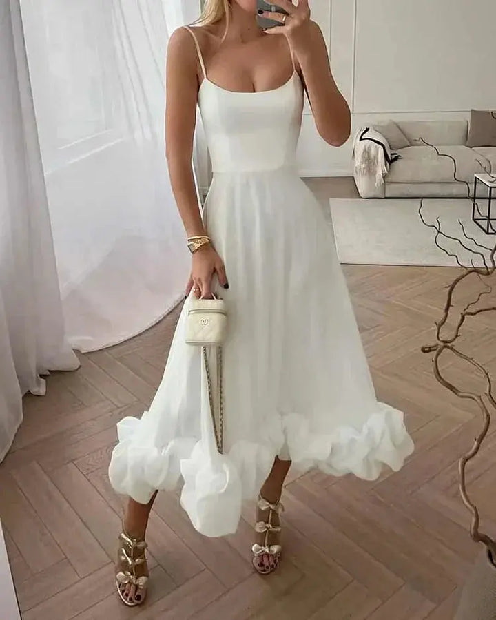 Damen Midikleid mit Verspieltem Rüschen Saum Design