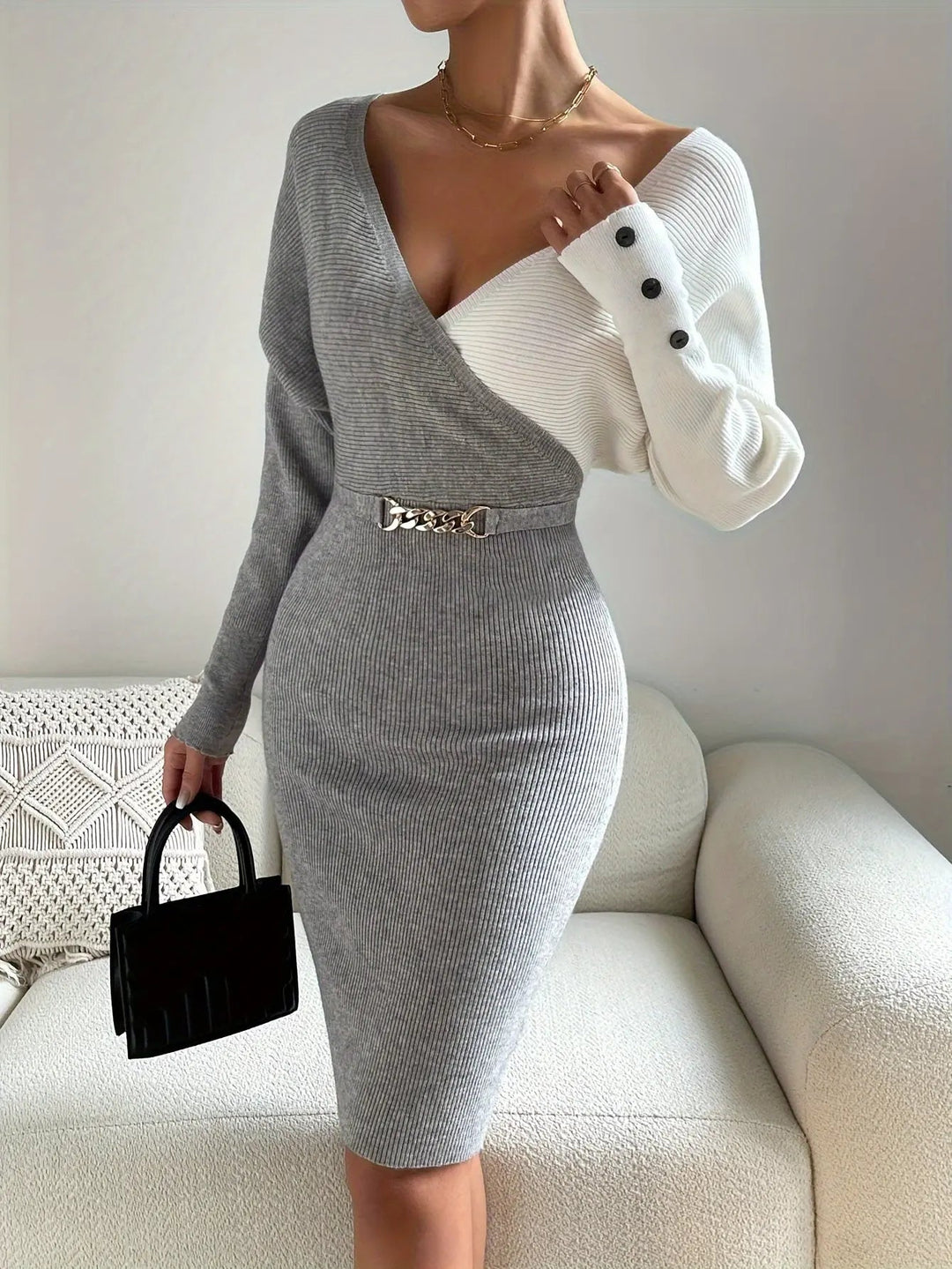 Zweiteiliges Bodycon Kleid Mit Tiefem V Rückendesign