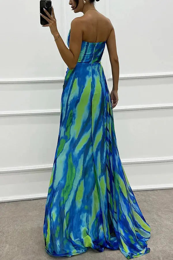Damen Trägerloses Langes Kleid Mit Print Design