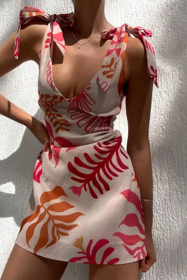 Minikleid mit Schulter Schleifen und Tiefem V Ausschnitt Für Damen