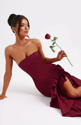Schulterfreies Figurbetontes Langes Kleid mit Rüschen Saum für Damen