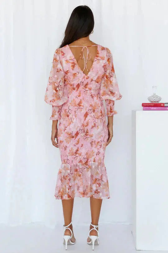 Tailliertes Transparentärmel Rüschen Saum Midikleid für Damen