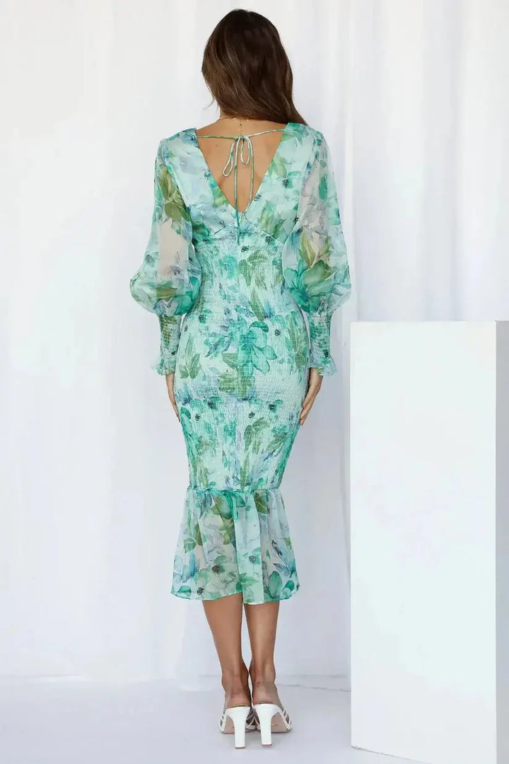 Tailliertes Transparentärmel Rüschen Saum Midikleid für Damen