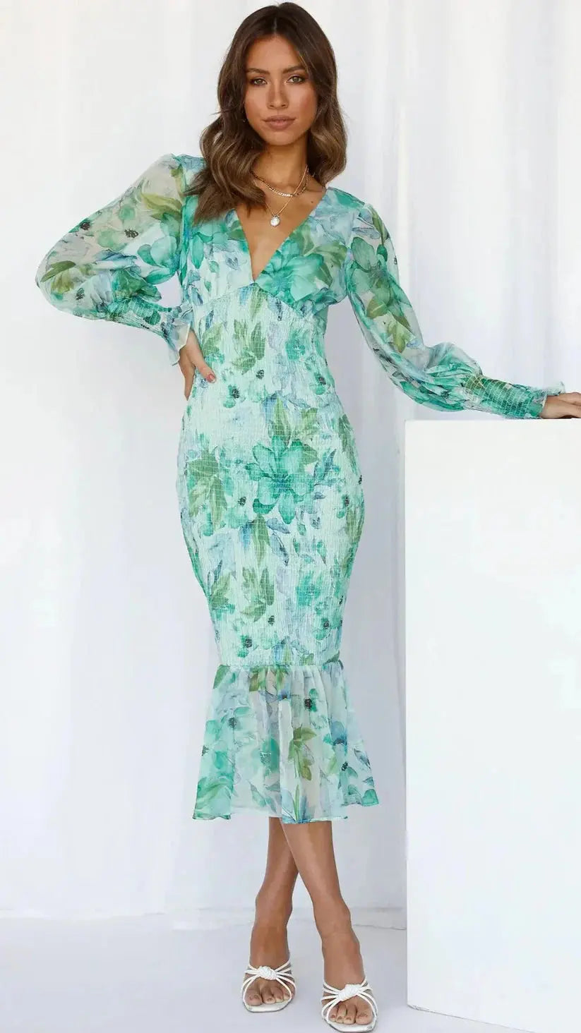 Tailliertes Transparentärmel Rüschen Saum Midikleid für Damen